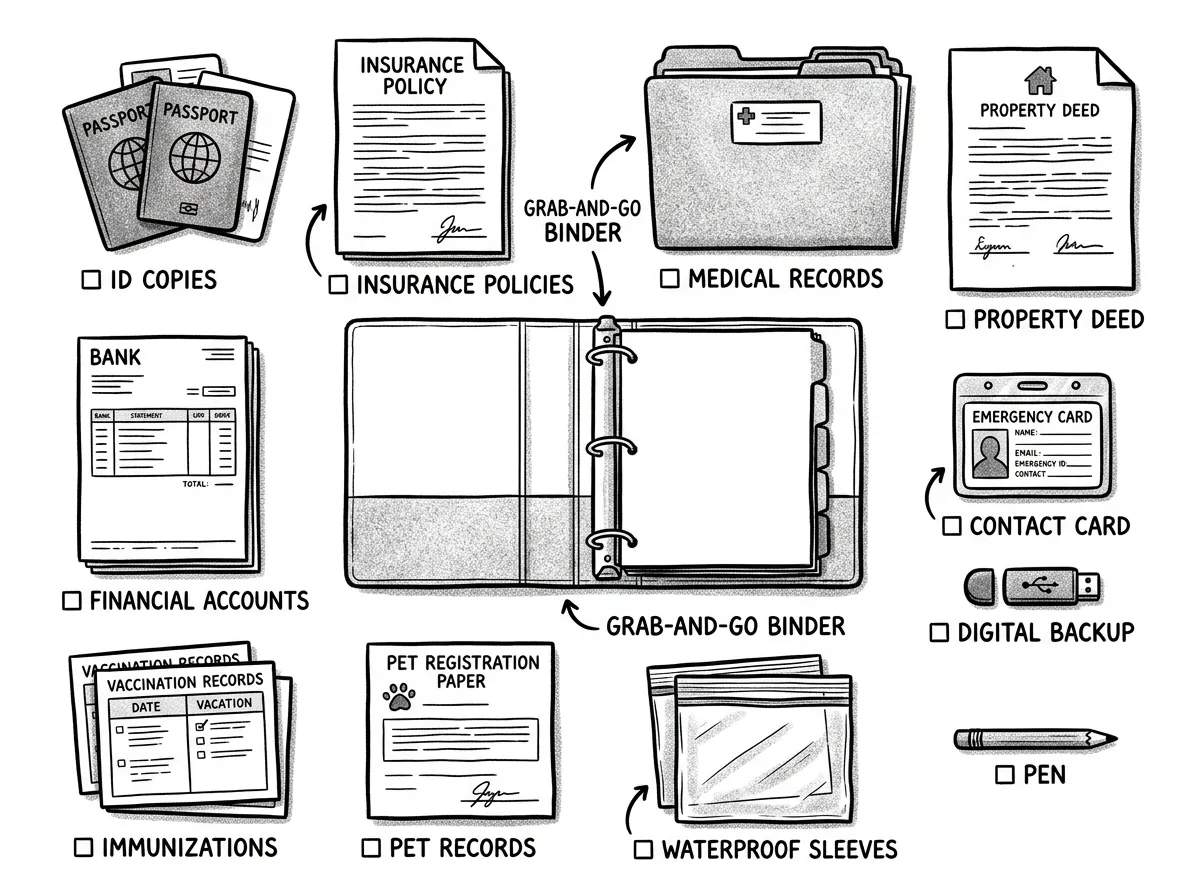 Emergency document binder contents spread out for grab-and-go readiness