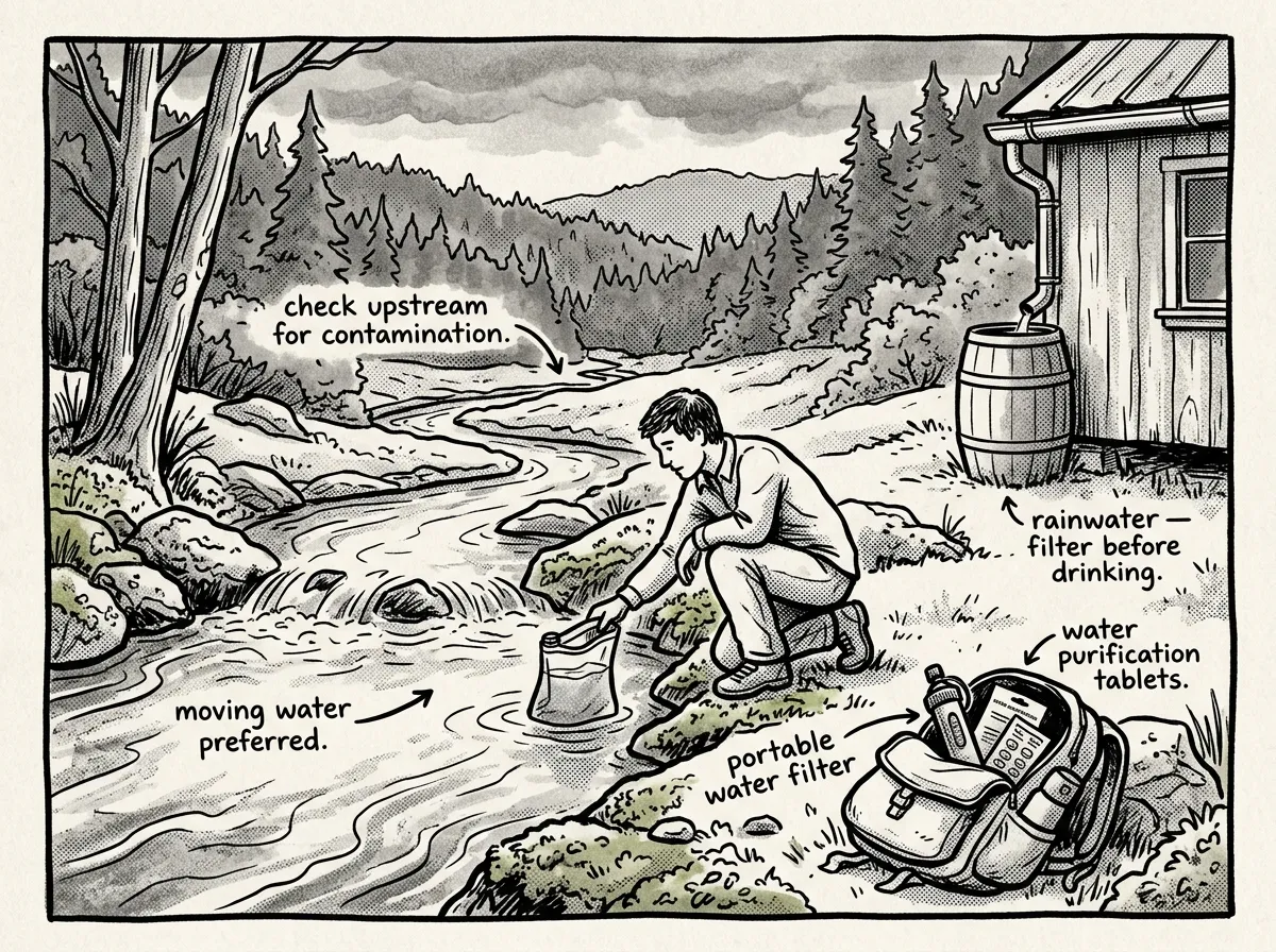 Locating and collecting water from natural sources after stored supplies are depleted