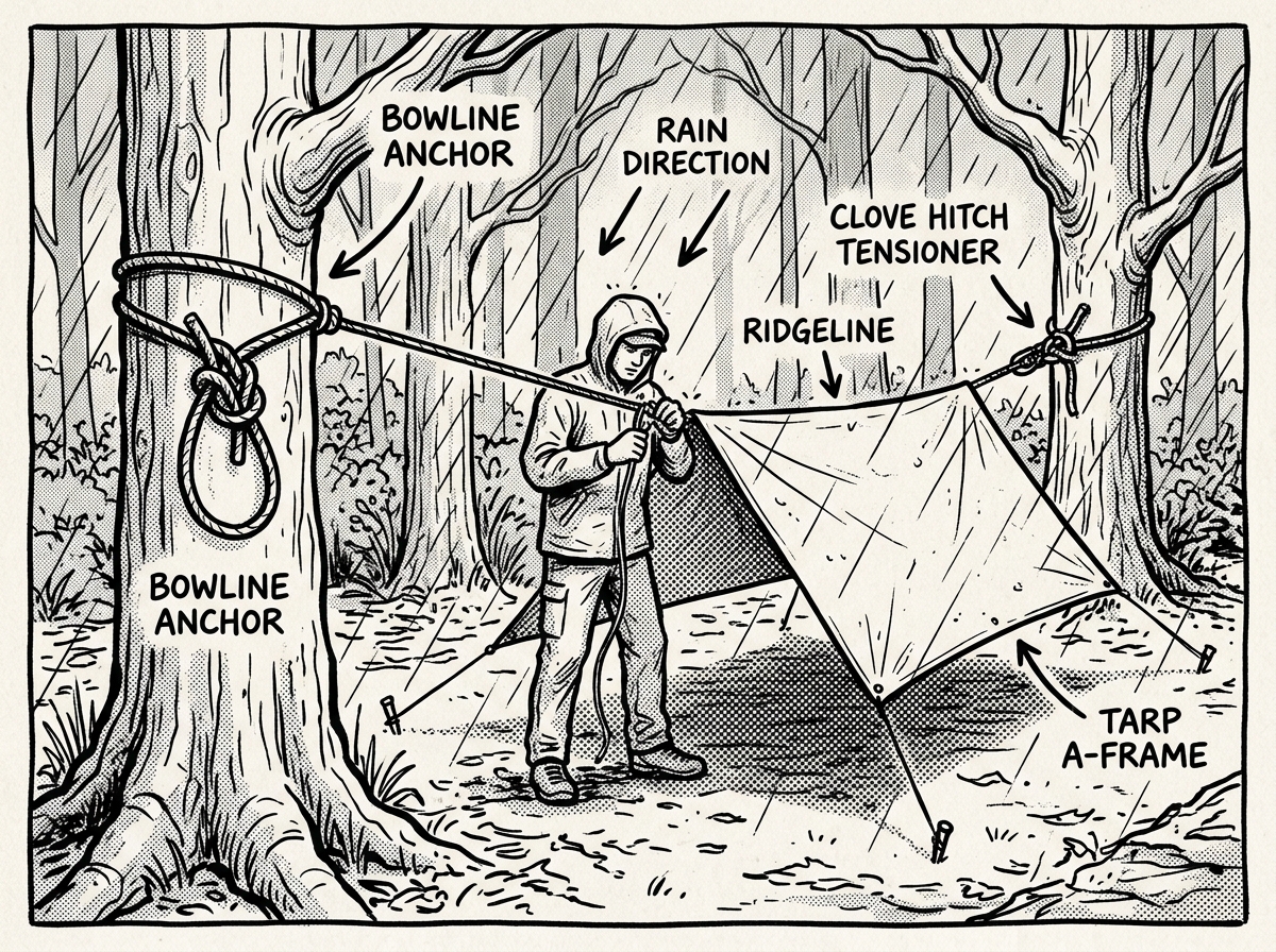 Rigging a tarp shelter with a bowline anchor and clove hitch tensioner between two trees
