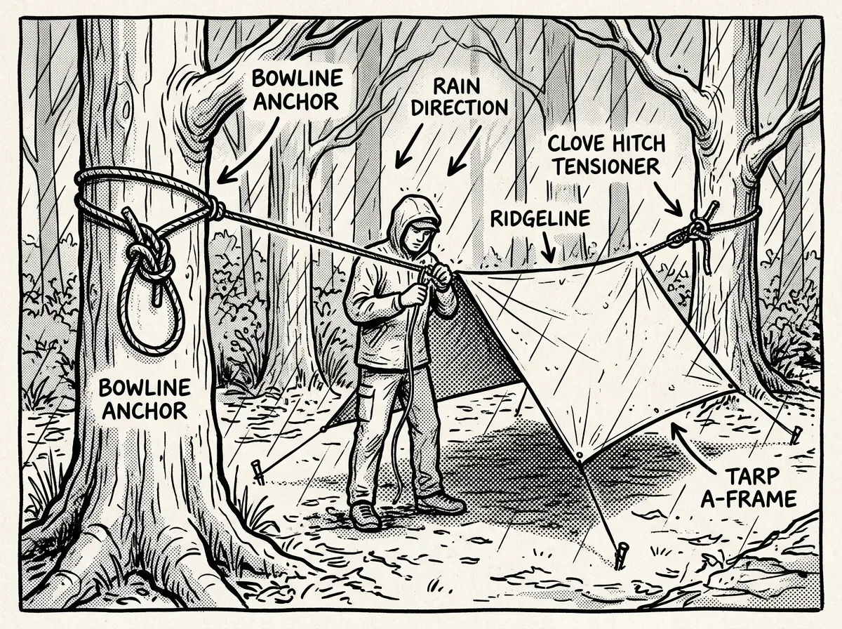Rigging a tarp shelter with a bowline anchor and clove hitch tensioner between two trees