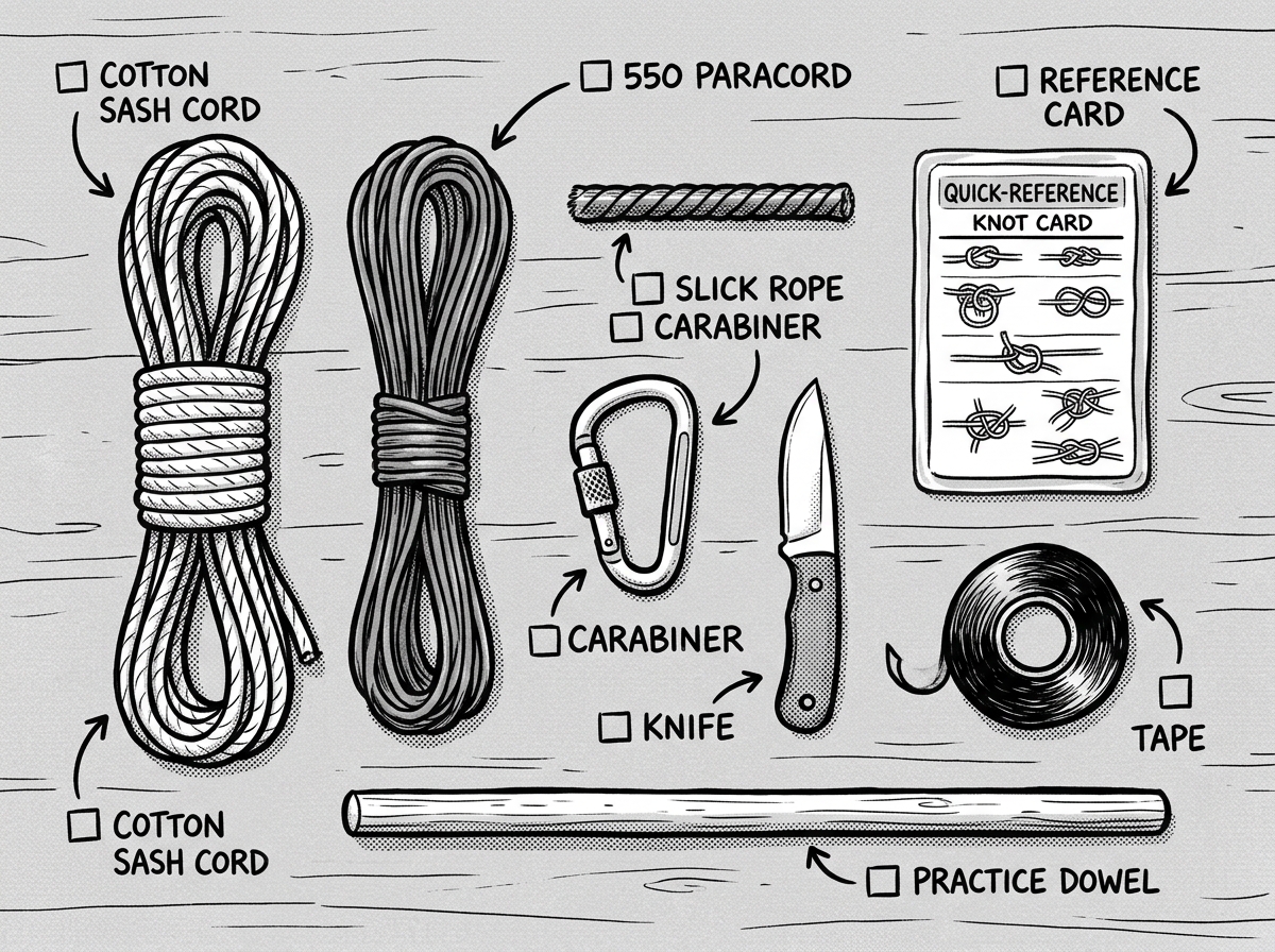 Starter knot-tying practice kit laid out and ready to go