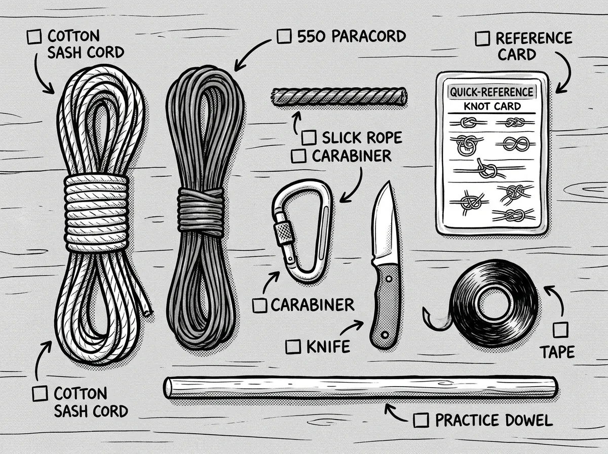 Starter knot-tying practice kit laid out and ready to go