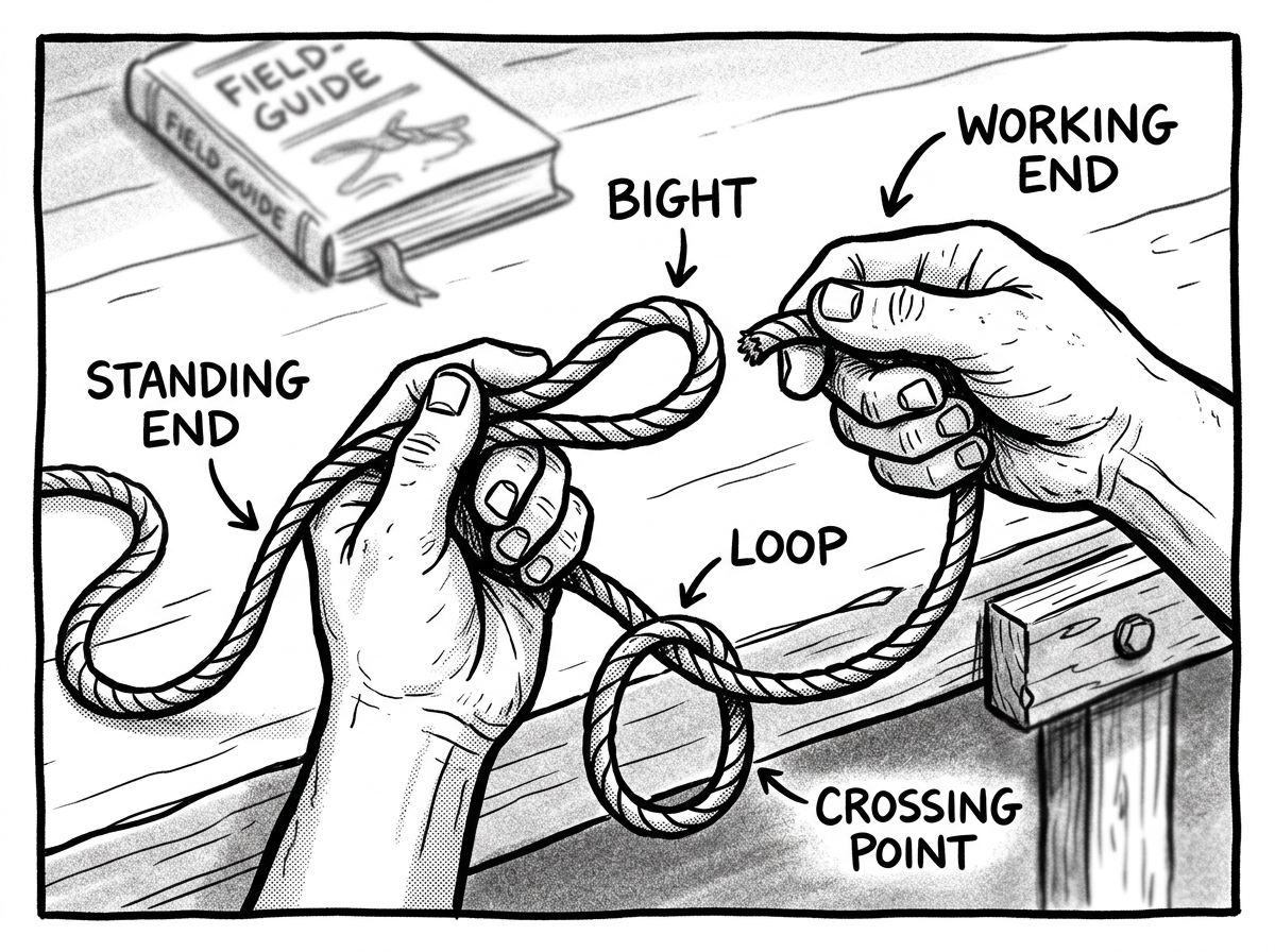 Visual guide to essential rope terms: standing end, working end, bight, and loop