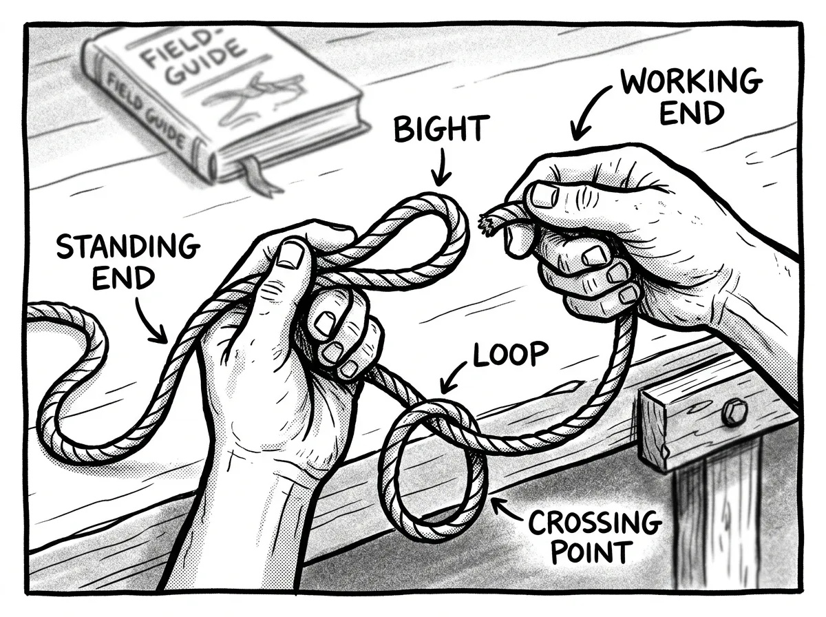 Visual guide to essential rope terms: standing end, working end, bight, and loop