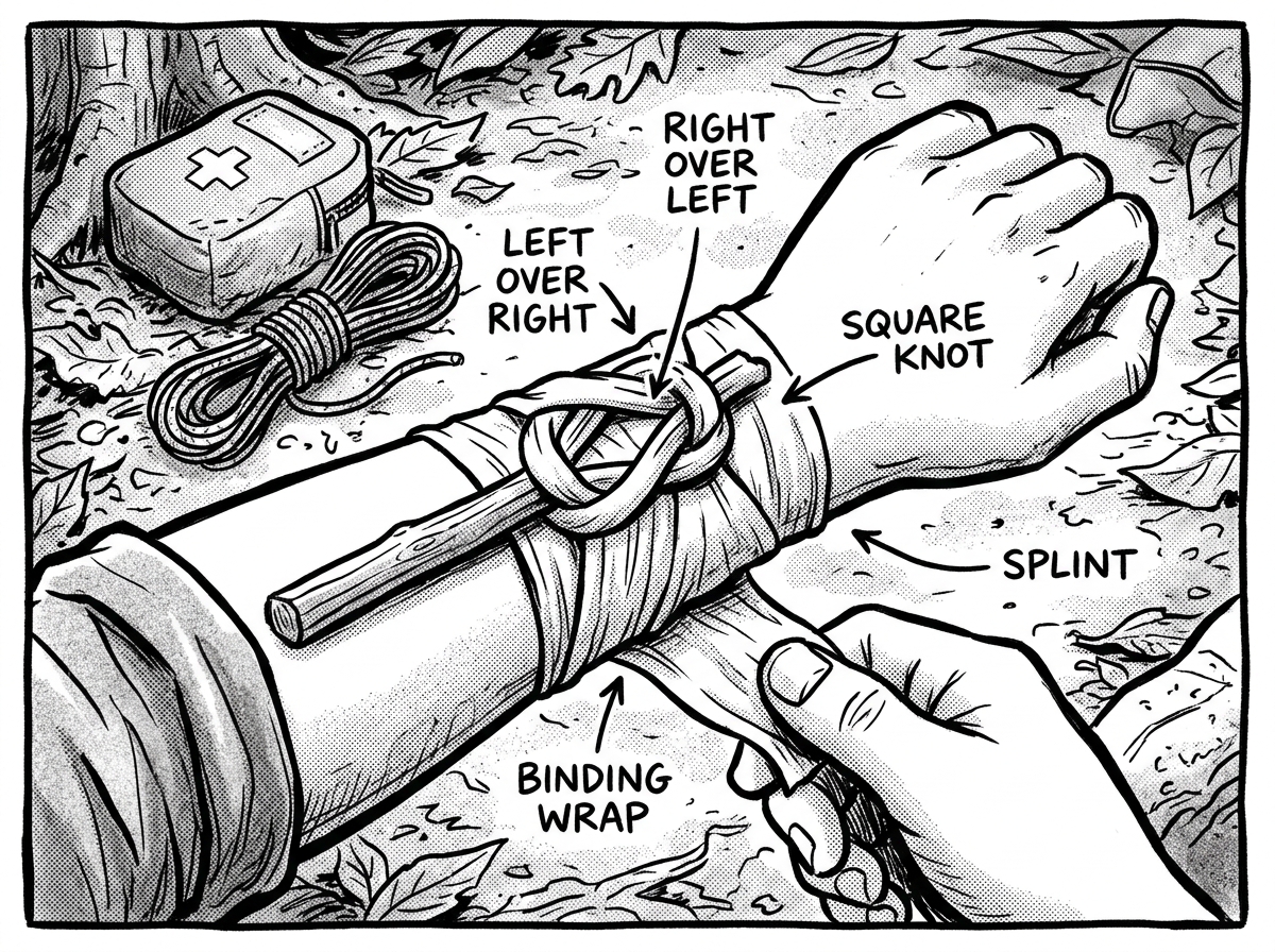 Tying a square knot to bind a splint wrap snug around a forearm
