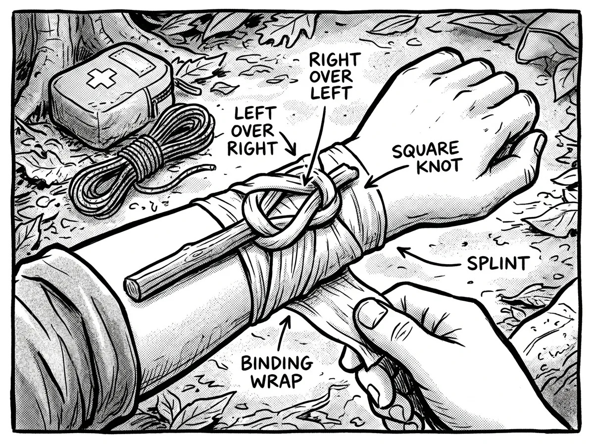 Tying a square knot to bind a splint wrap snug around a forearm