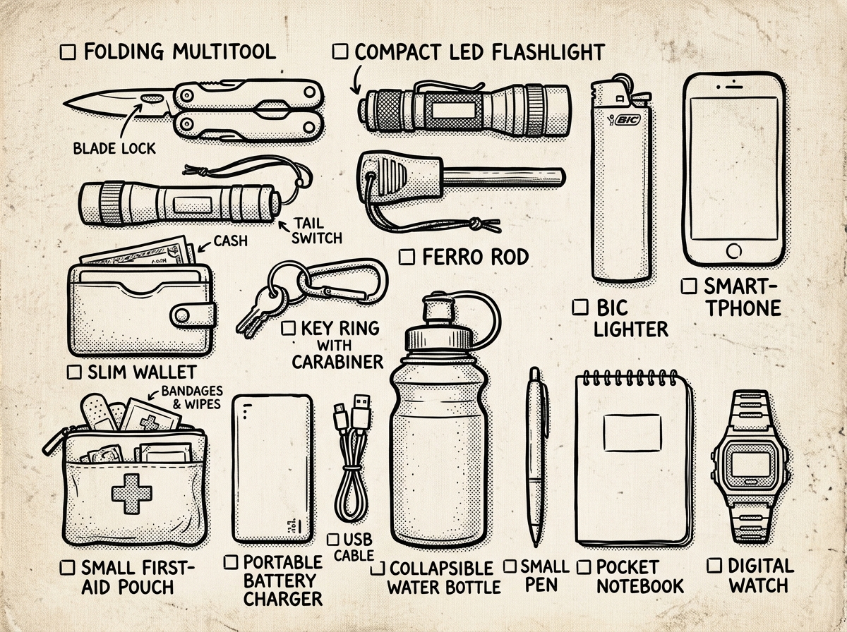 Core EDC kit essentials laid out for daily carry