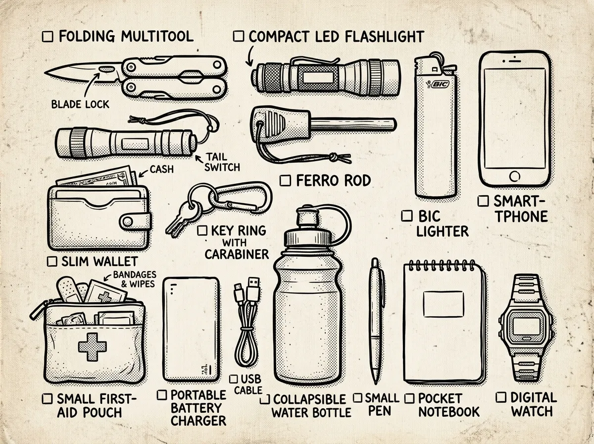 Core EDC kit essentials laid out for daily carry