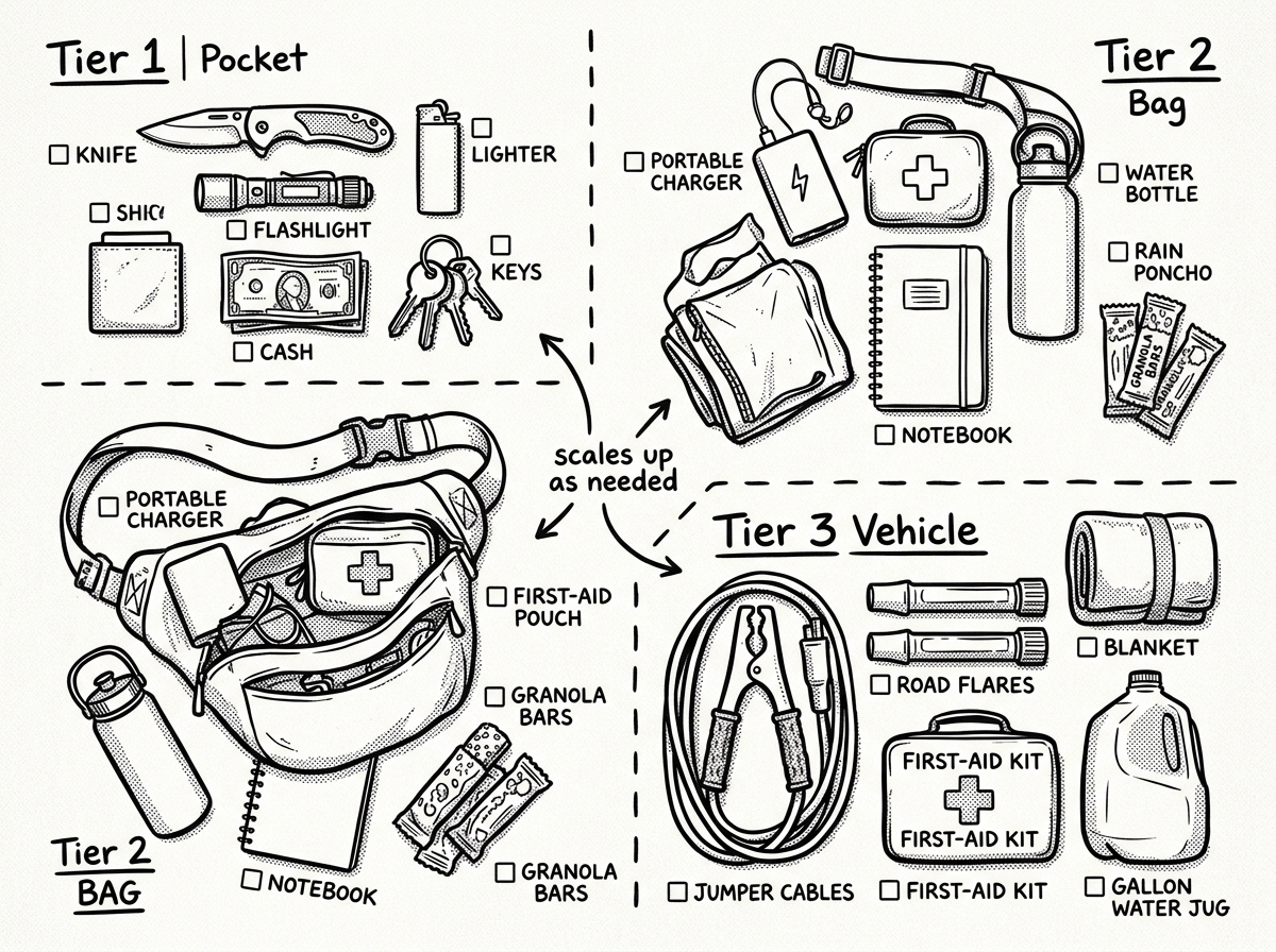 Three-tier EDC layering system: pocket, bag, and vehicle