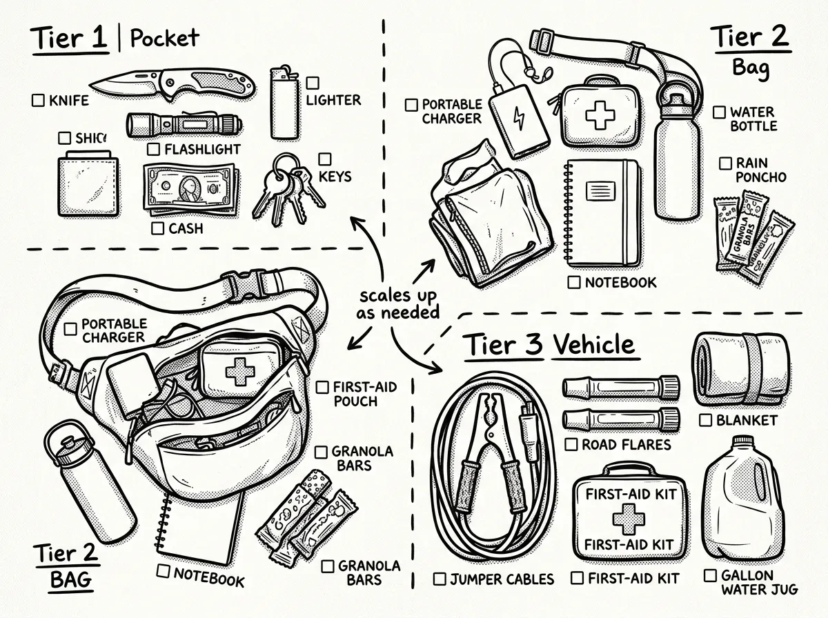 Three-tier EDC layering system: pocket, bag, and vehicle