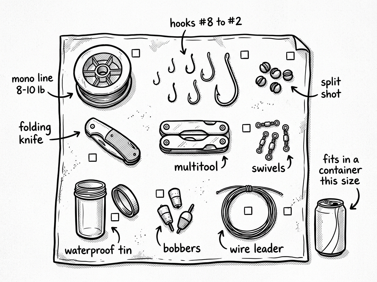 Everything in a survival fishing kit, laid out and labeled