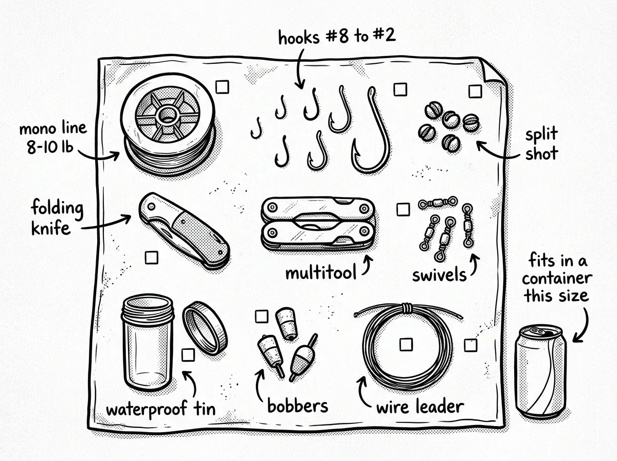 Everything in a survival fishing kit, laid out and labeled