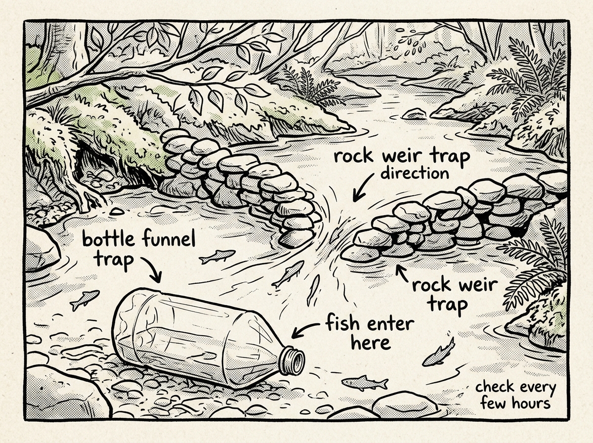 A bottle funnel trap and rock weir trap set in a shallow stream