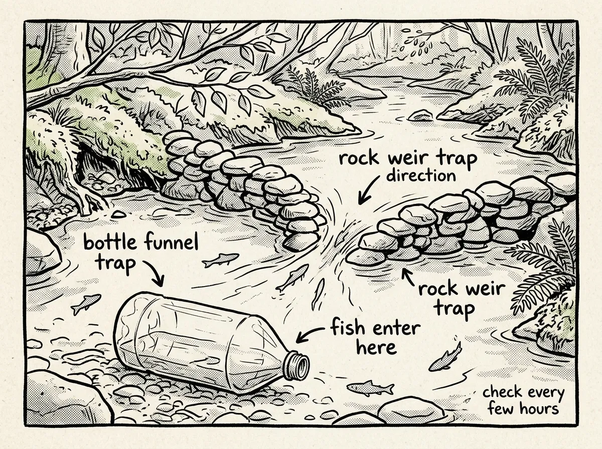 A bottle funnel trap and rock weir trap set in a shallow stream