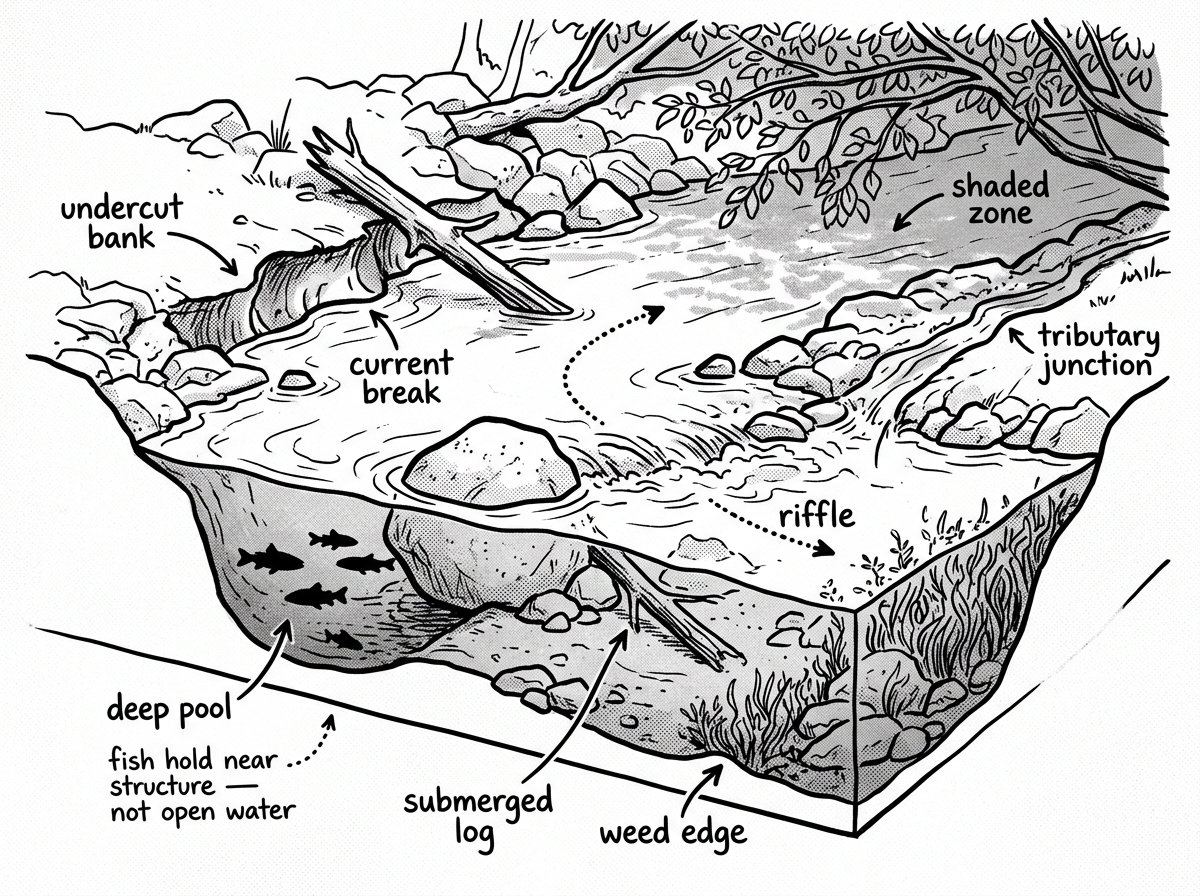 Key features of a river where fish hold — structure, current breaks, and depth changes