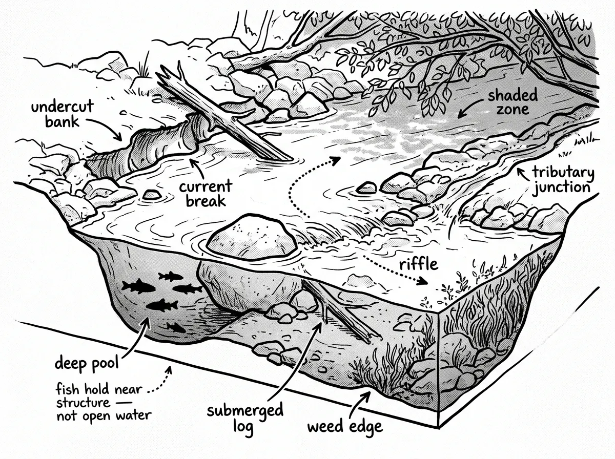 Key features of a river where fish hold — structure, current breaks, and depth changes