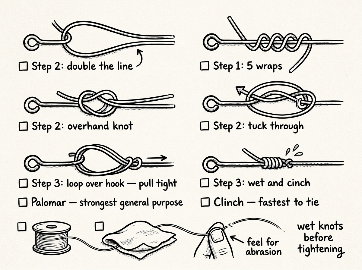 Step-by-step views of the Palomar and improved clinch knots with line care essentials