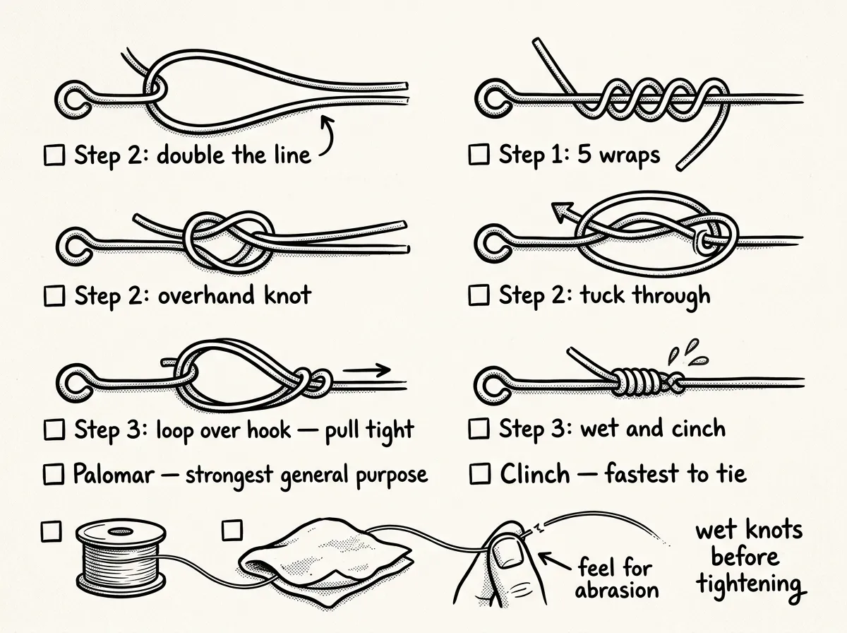 Step-by-step views of the Palomar and improved clinch knots with line care essentials