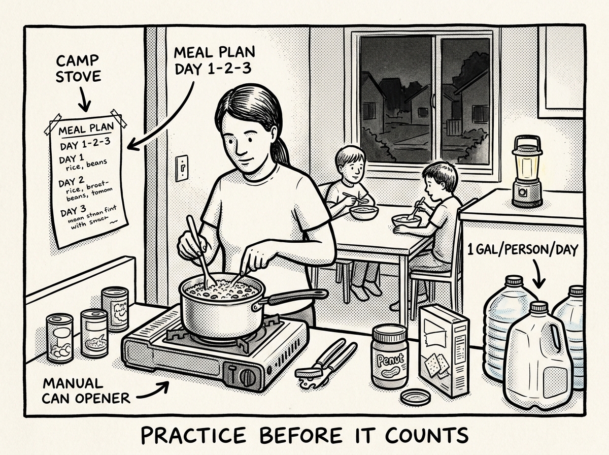 A family kitchen scene during a 72-hour emergency practice day
