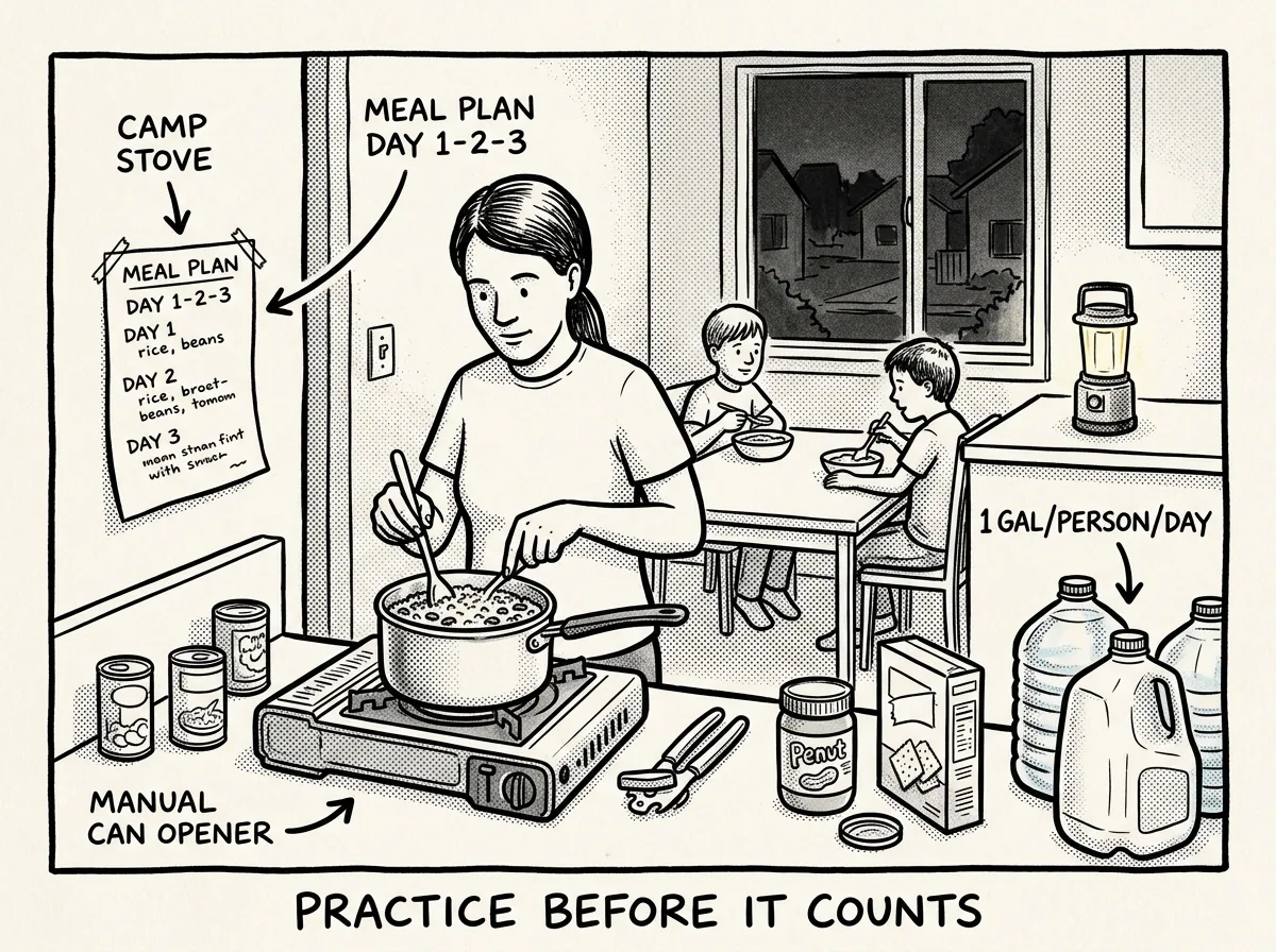 A family kitchen scene during a 72-hour emergency practice day