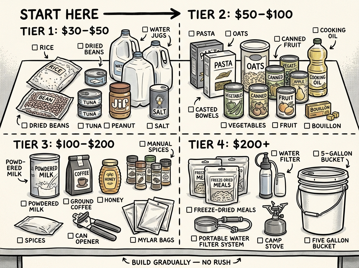 Tier-by-tier budget breakdown for building your emergency pantry