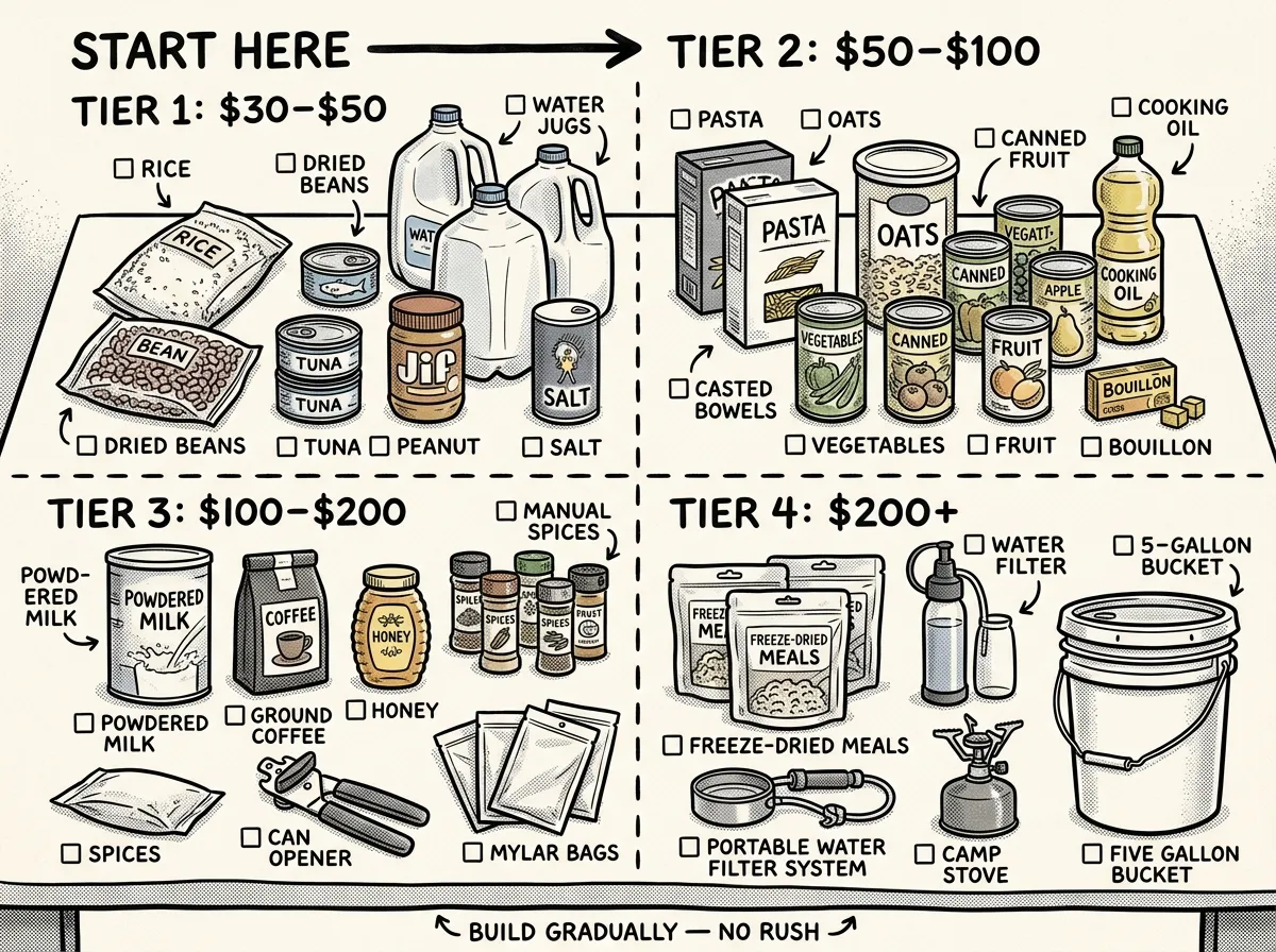 Tier-by-tier budget breakdown for building your emergency pantry