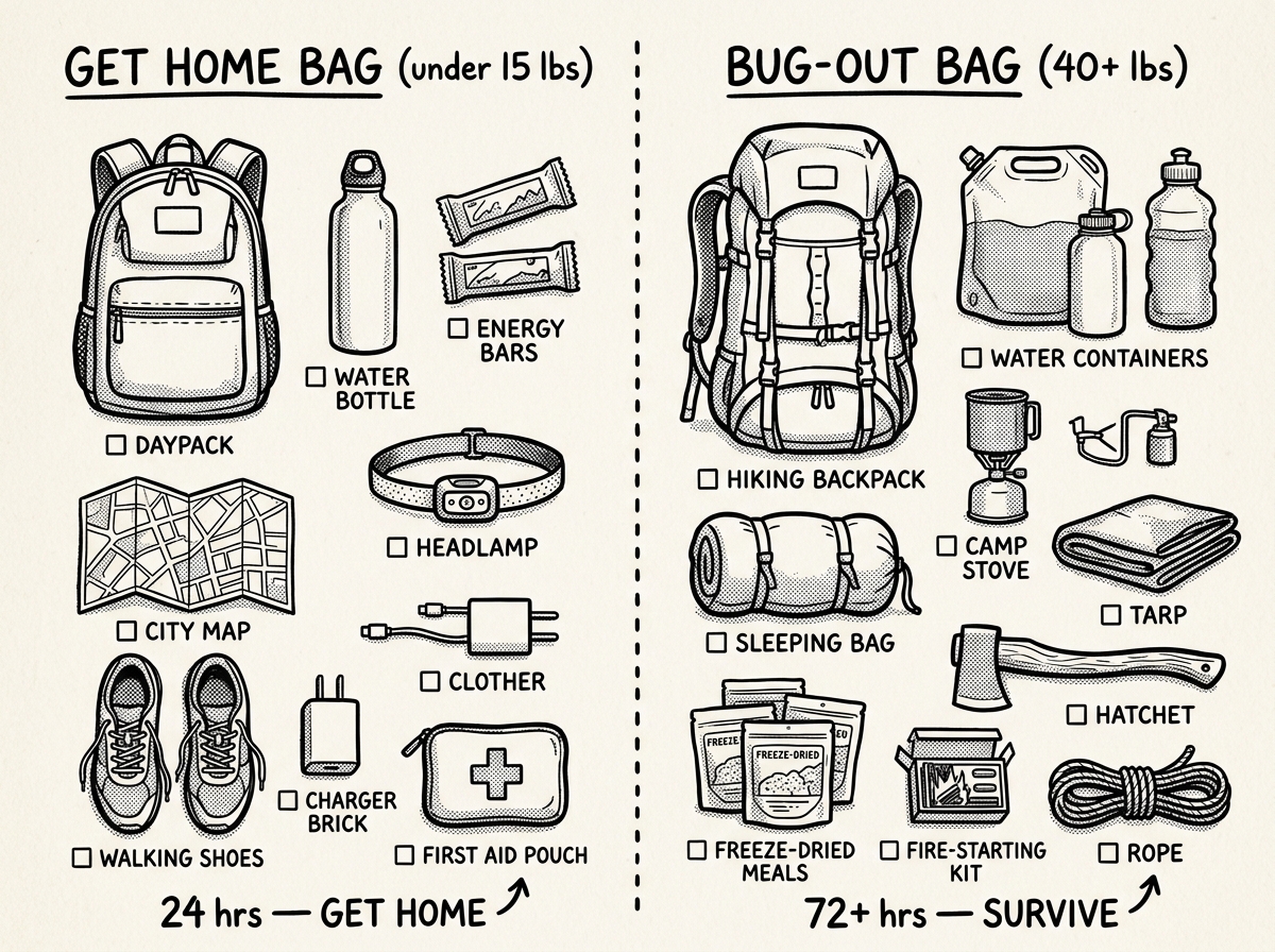Side-by-side comparison: lightweight get-home bag vs. heavy bug-out bag