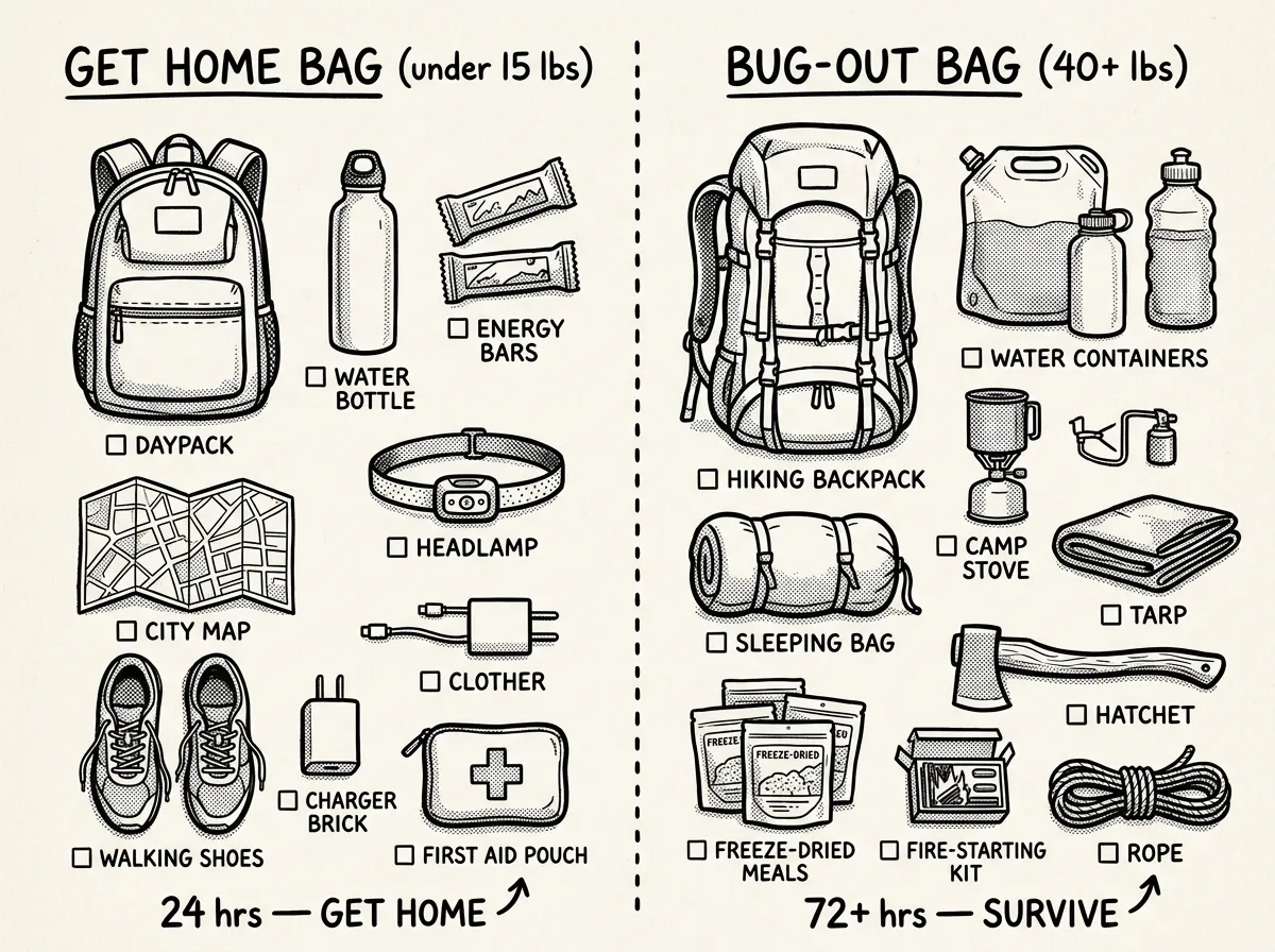 Side-by-side comparison: lightweight get-home bag vs. heavy bug-out bag