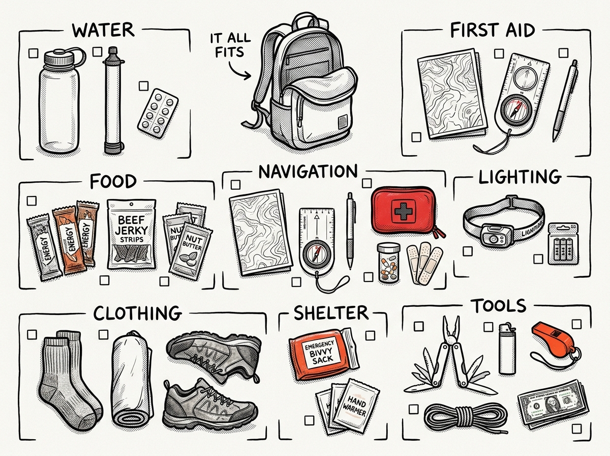 Complete get-home bag essentials organized by category