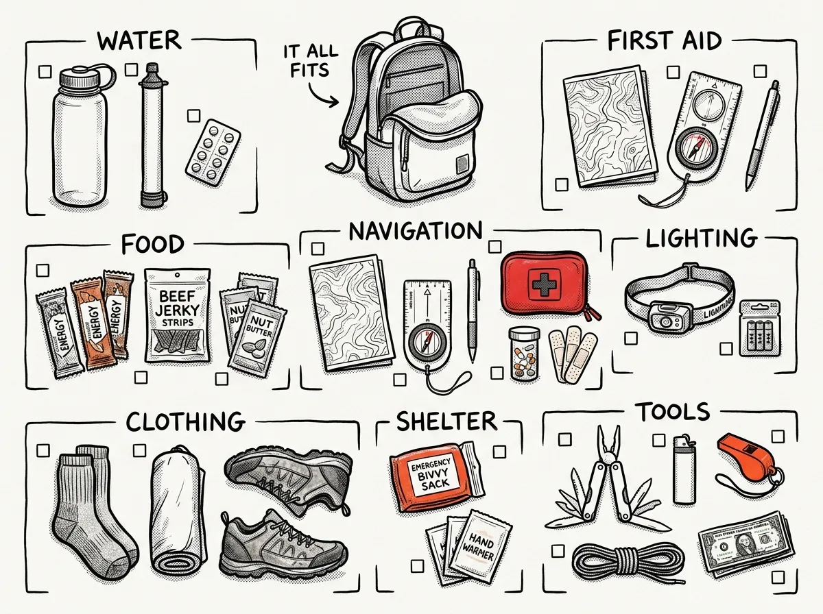 Complete get-home bag essentials organized by category
