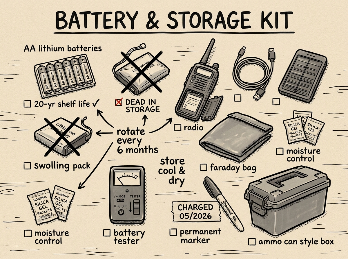Radio battery and storage essentials laid out for inspection