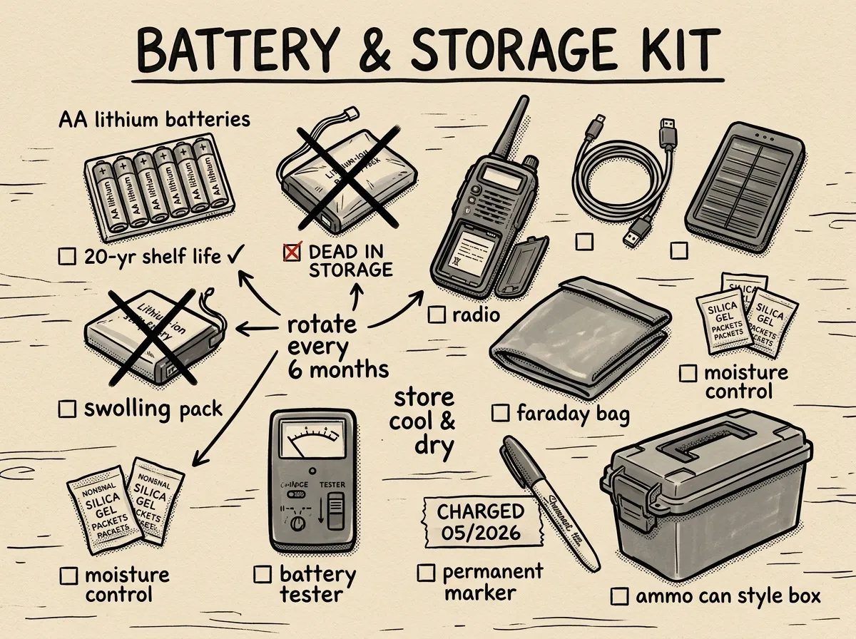 Radio battery and storage essentials laid out for inspection
