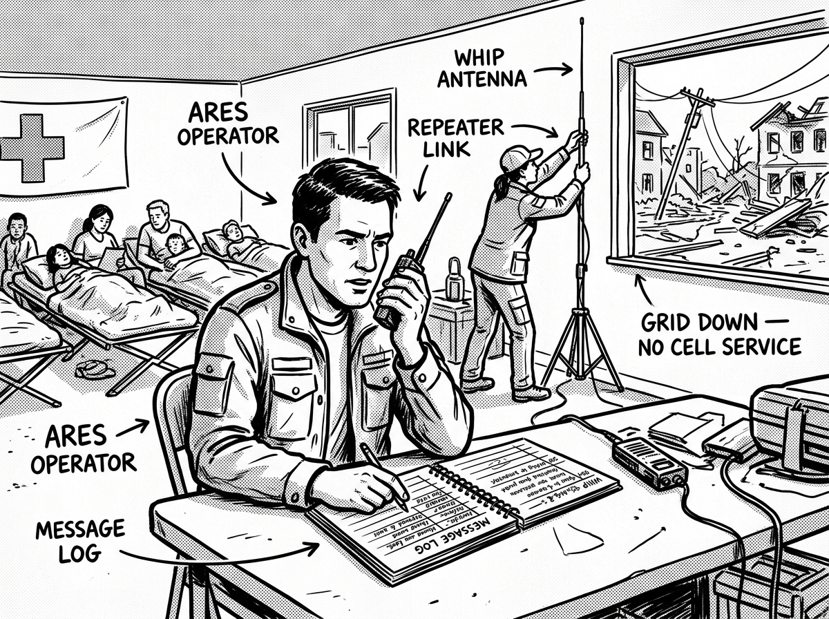 Ham radio operators relaying emergency traffic during a disaster response