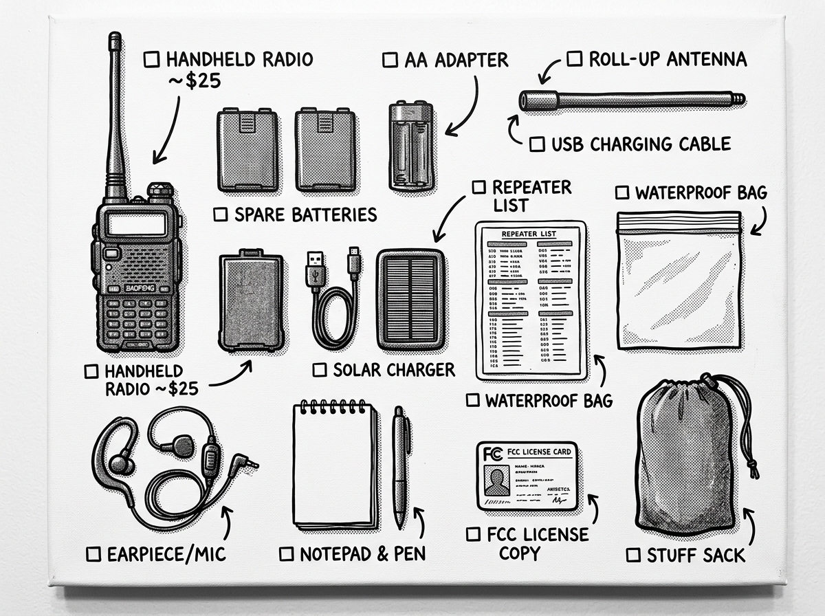 Complete ham radio emergency starter kit laid out and ready to pack