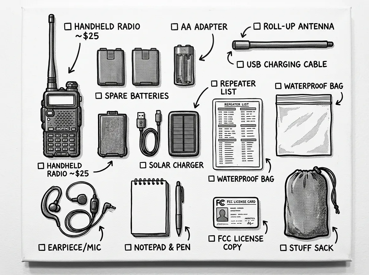 Complete ham radio emergency starter kit laid out and ready to pack