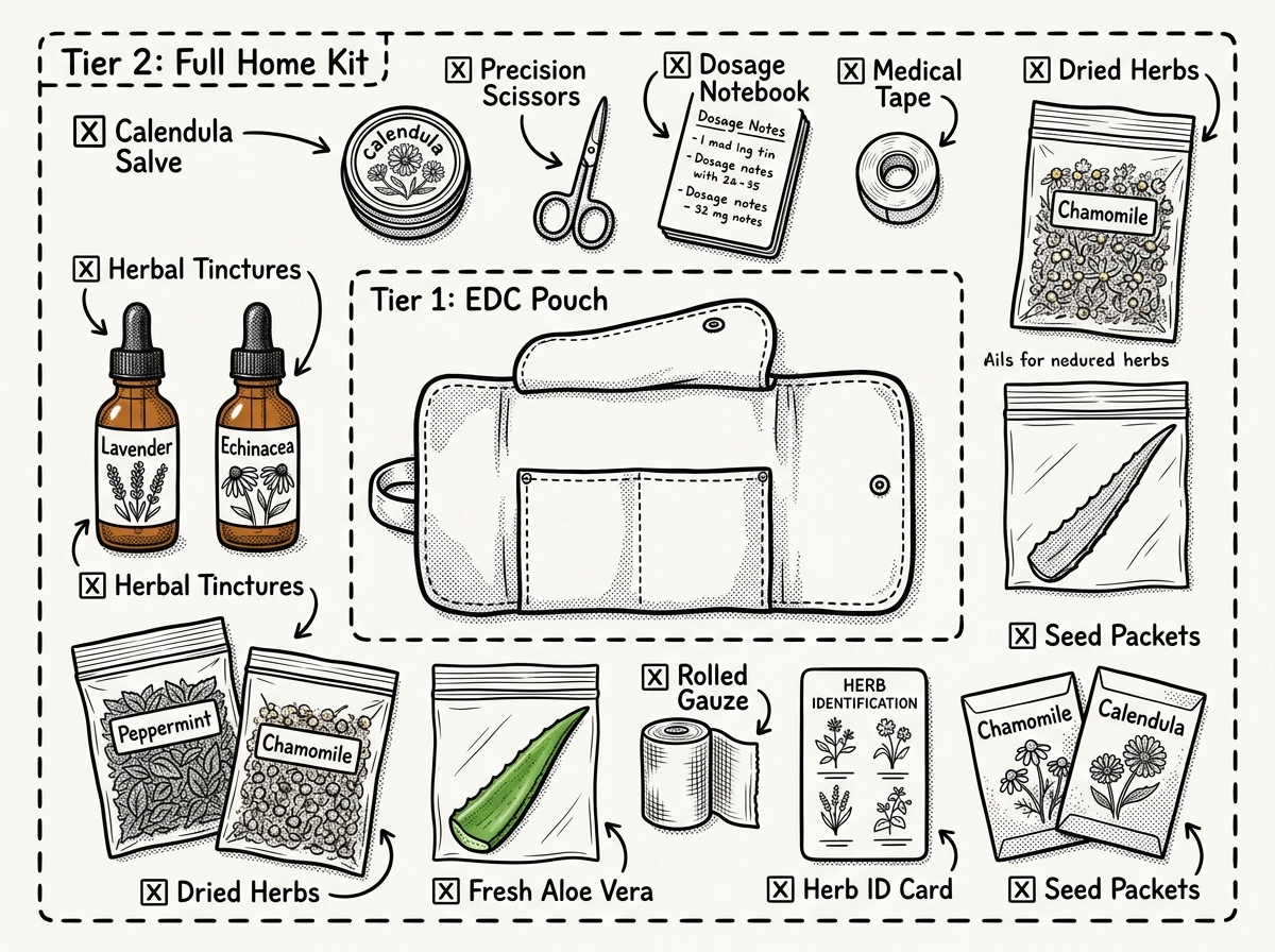 Complete layered herbal first aid kit laid out for inspection