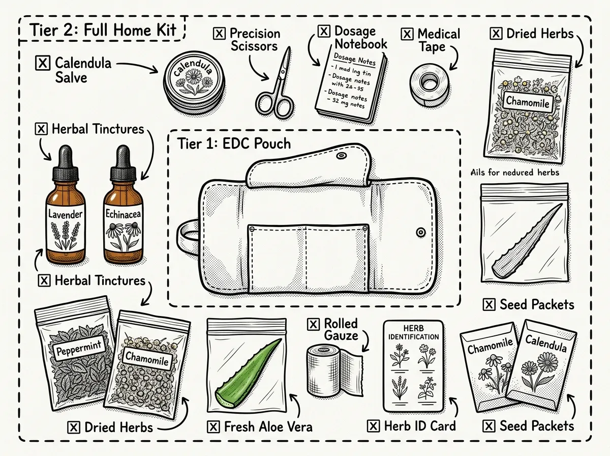 Complete layered herbal first aid kit laid out for inspection