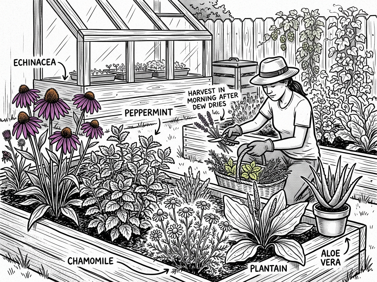 A small medicinal herb garden ready for harvest