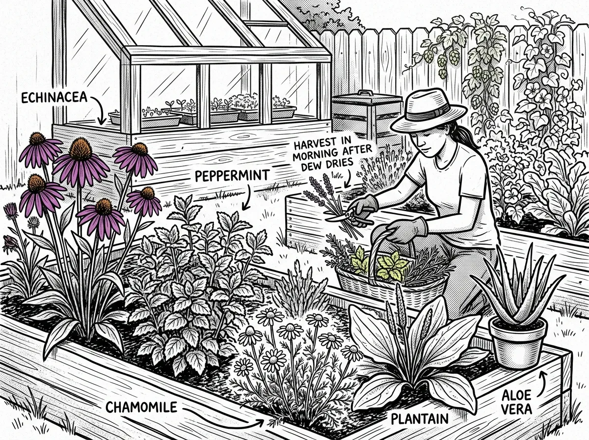 A small medicinal herb garden ready for harvest