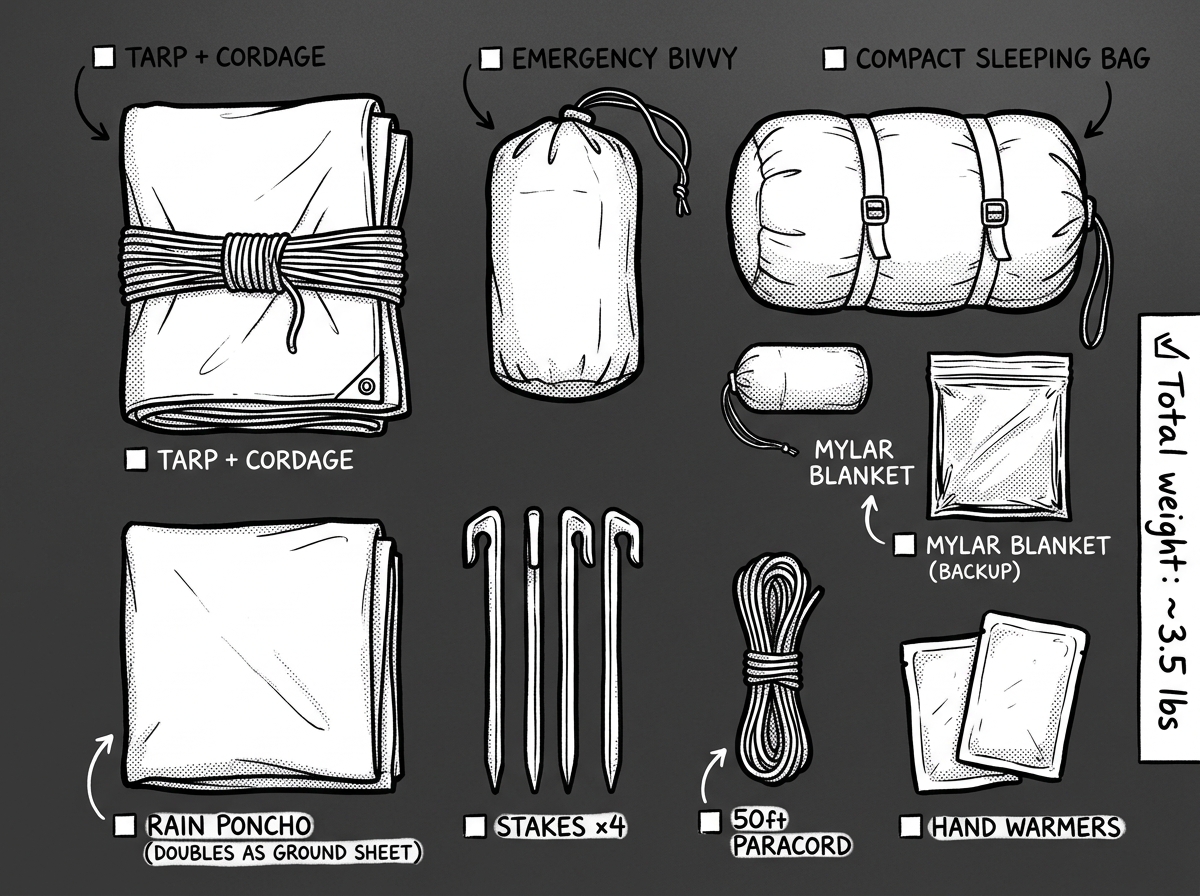 Compact shelter and warmth gear that fits in the bottom of your pack