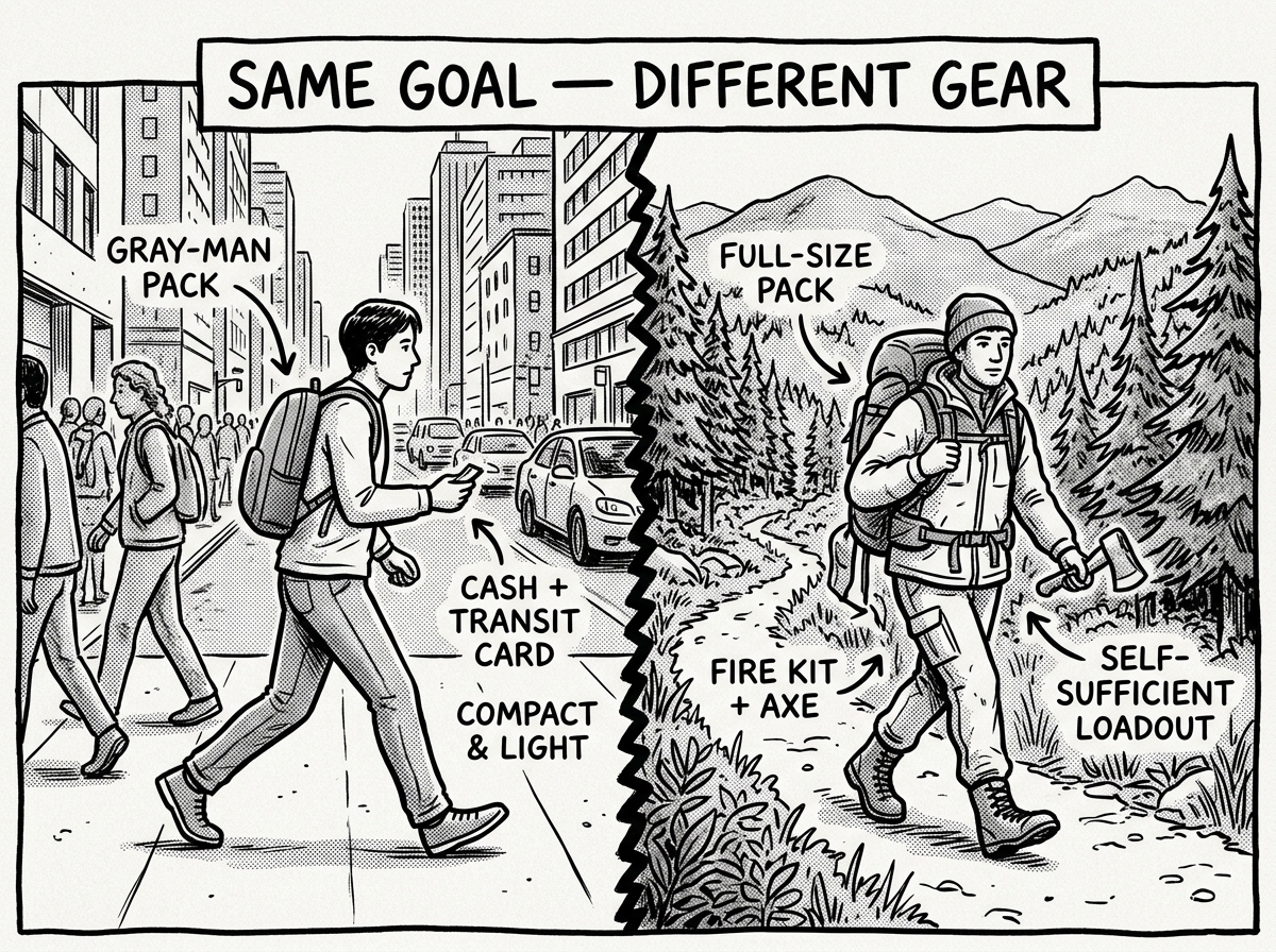 Your environment determines your loadout — urban bags stay gray-man, rural bags go heavy on self-sufficiency