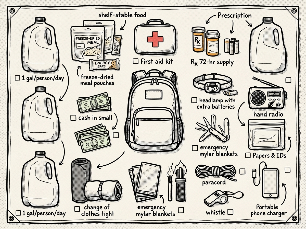 72-hour go-bag essentials laid out and ready to pack