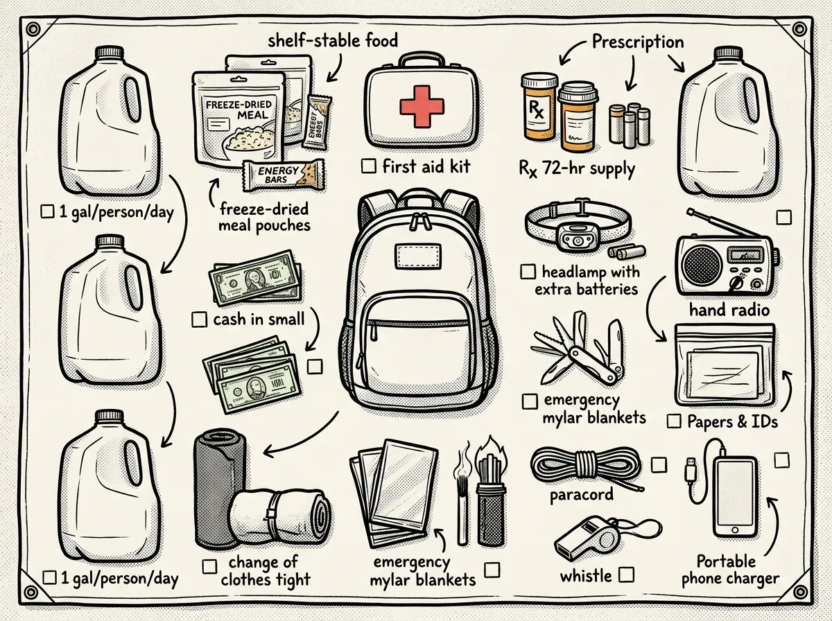 72-hour go-bag essentials laid out and ready to pack