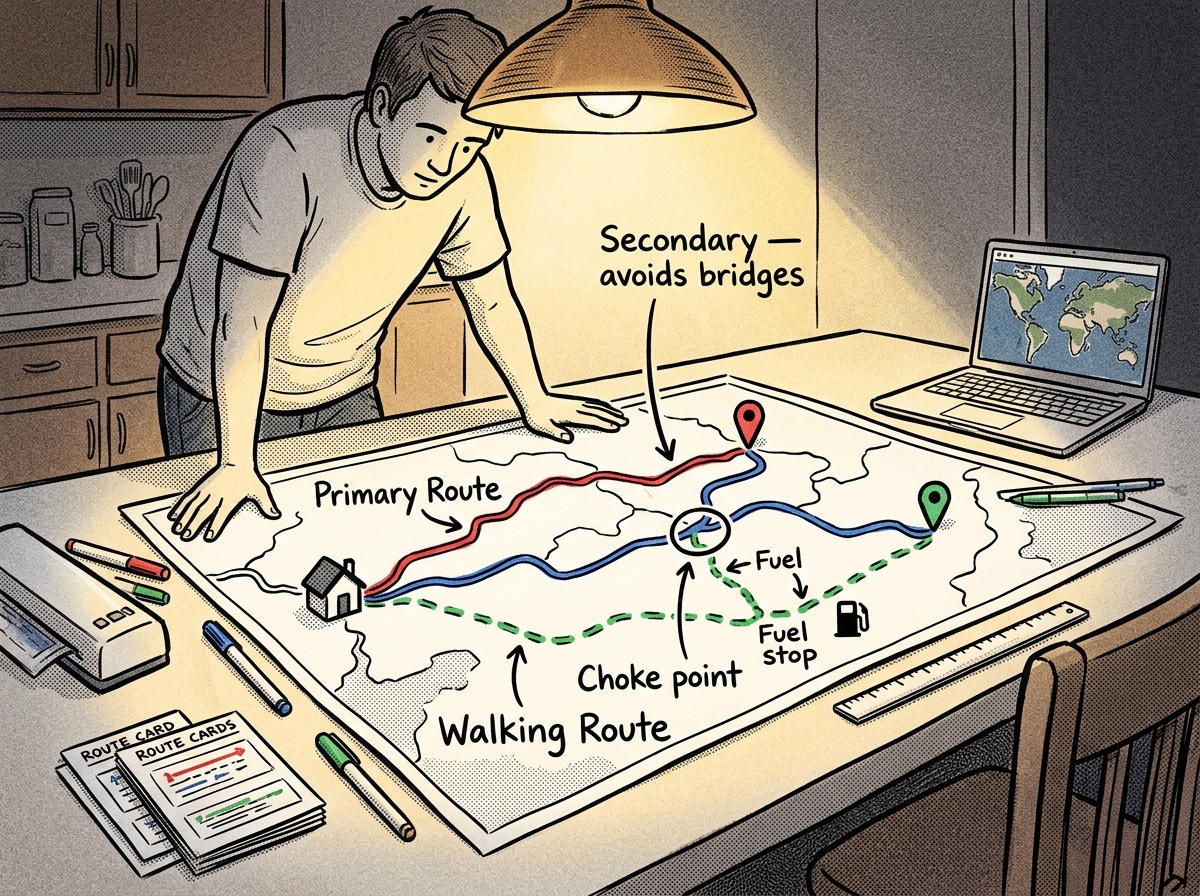 Mapping primary, secondary, and walking evacuation routes on a laminated paper map