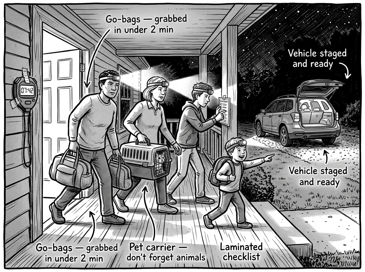 Family executing a timed 10-minute evacuation drill at night