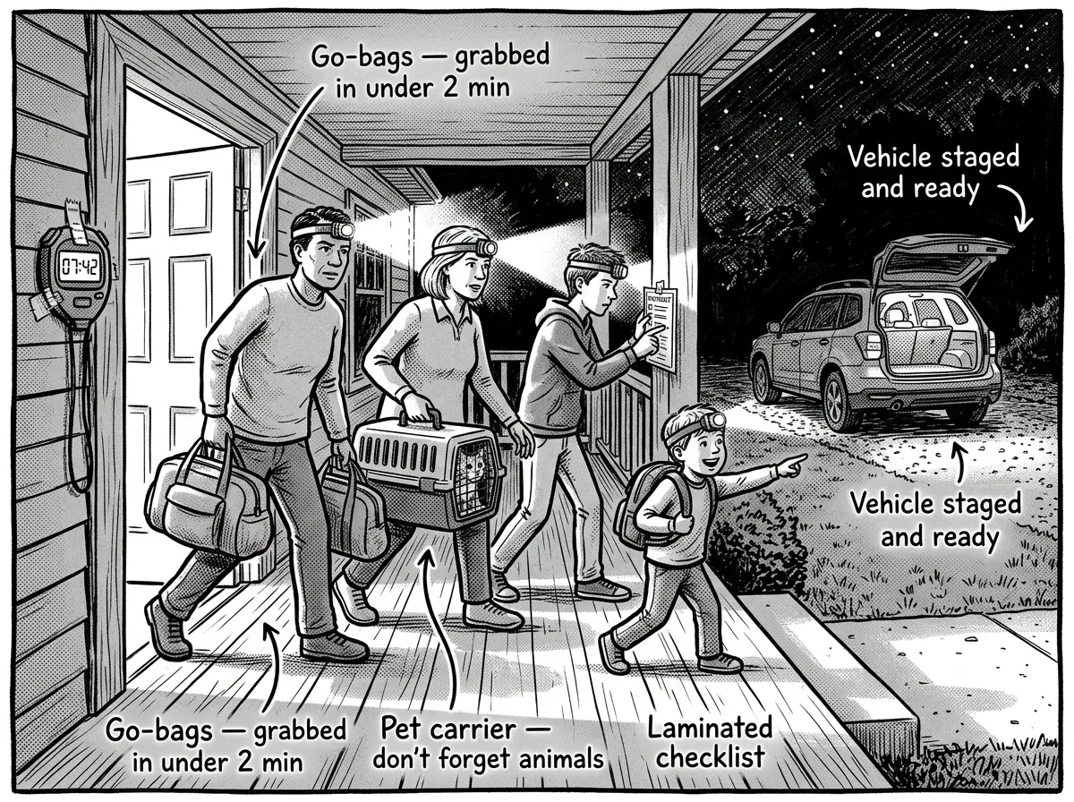 Family executing a timed 10-minute evacuation drill at night