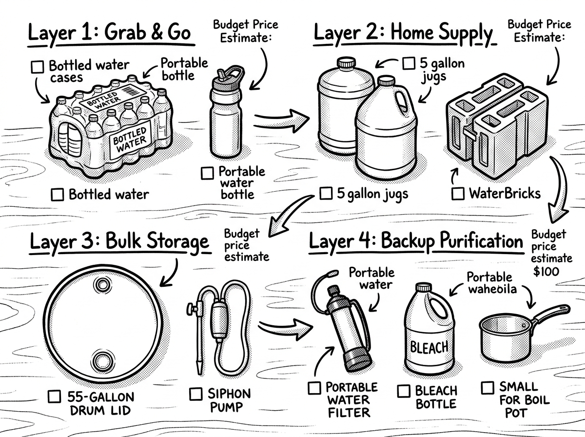 A complete layered water plan from grab-and-go to bulk storage