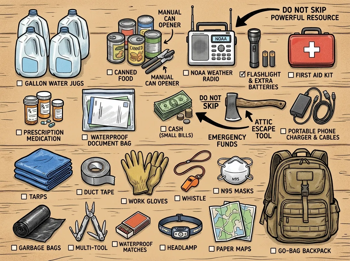 Complete hurricane survival kit laid out and ready to go