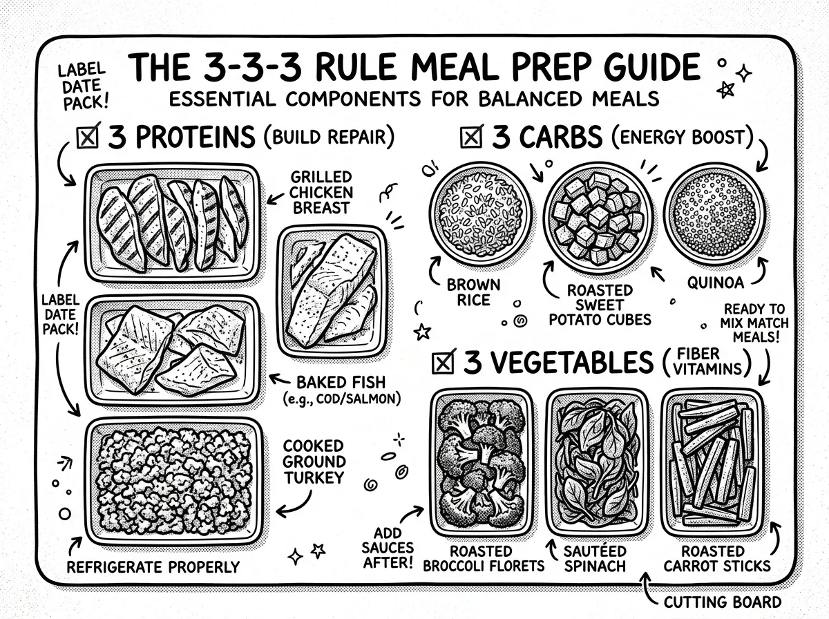 3-3-3 meal prep components laid out for mixing