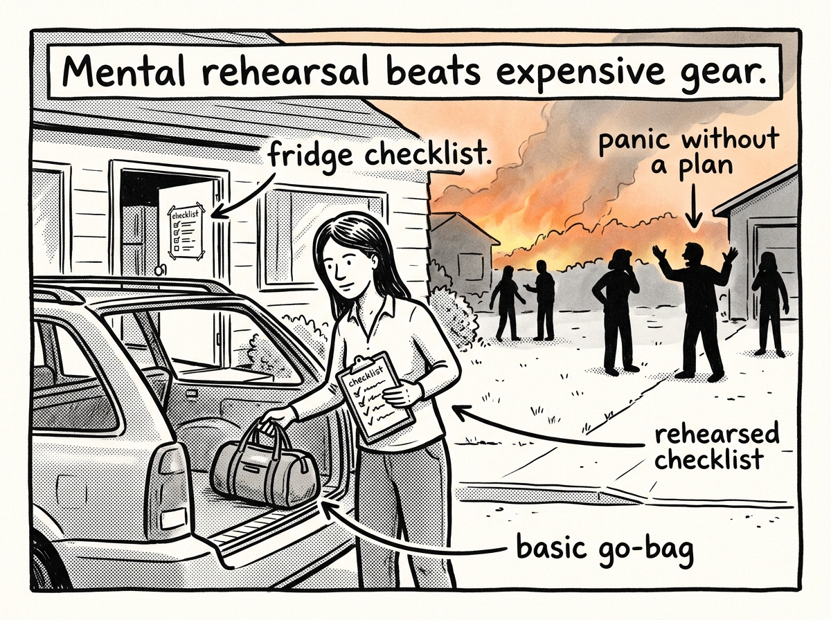 A calm, prepared evacuee loads her car using a fridge checklist while chaos unfolds behind her